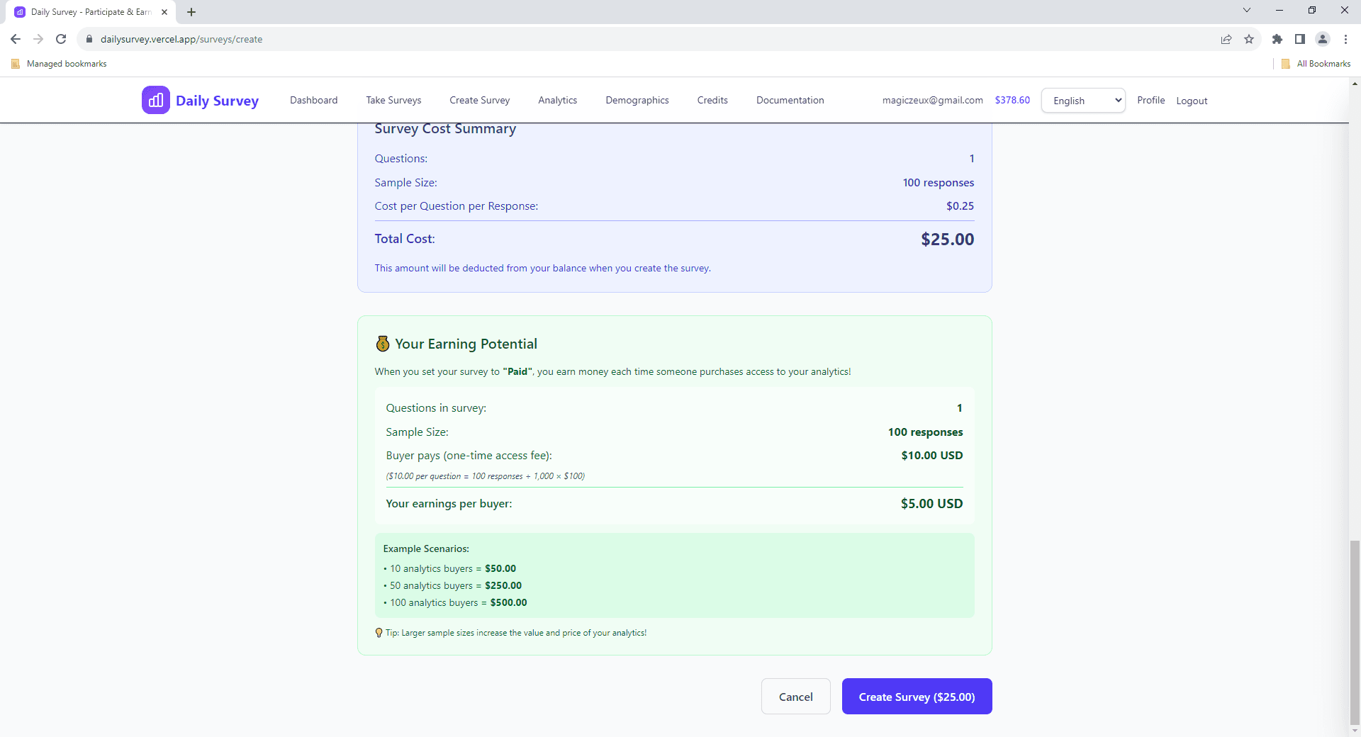 Cost and earnings summary infographic