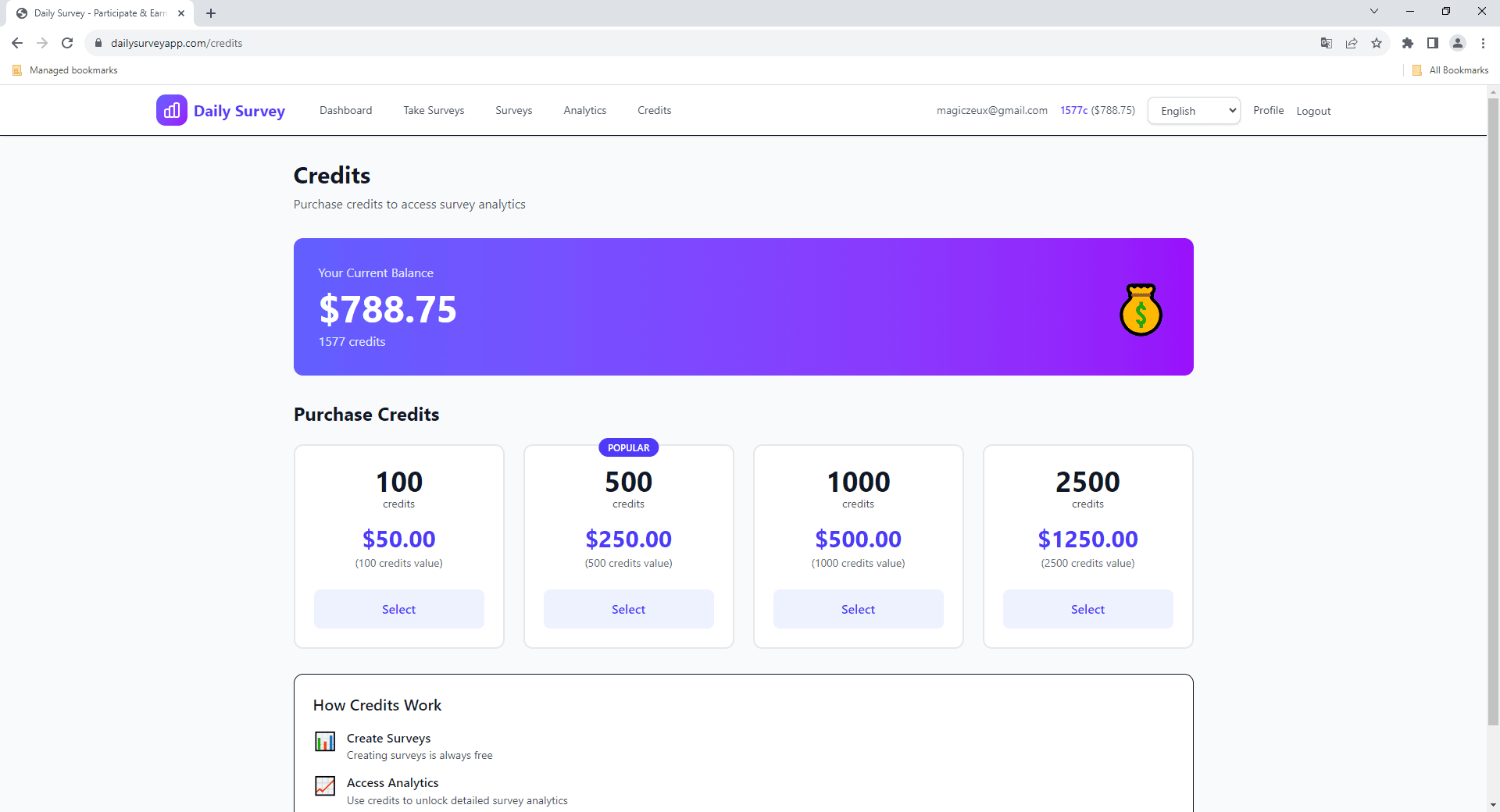 Credits page showing balance overview