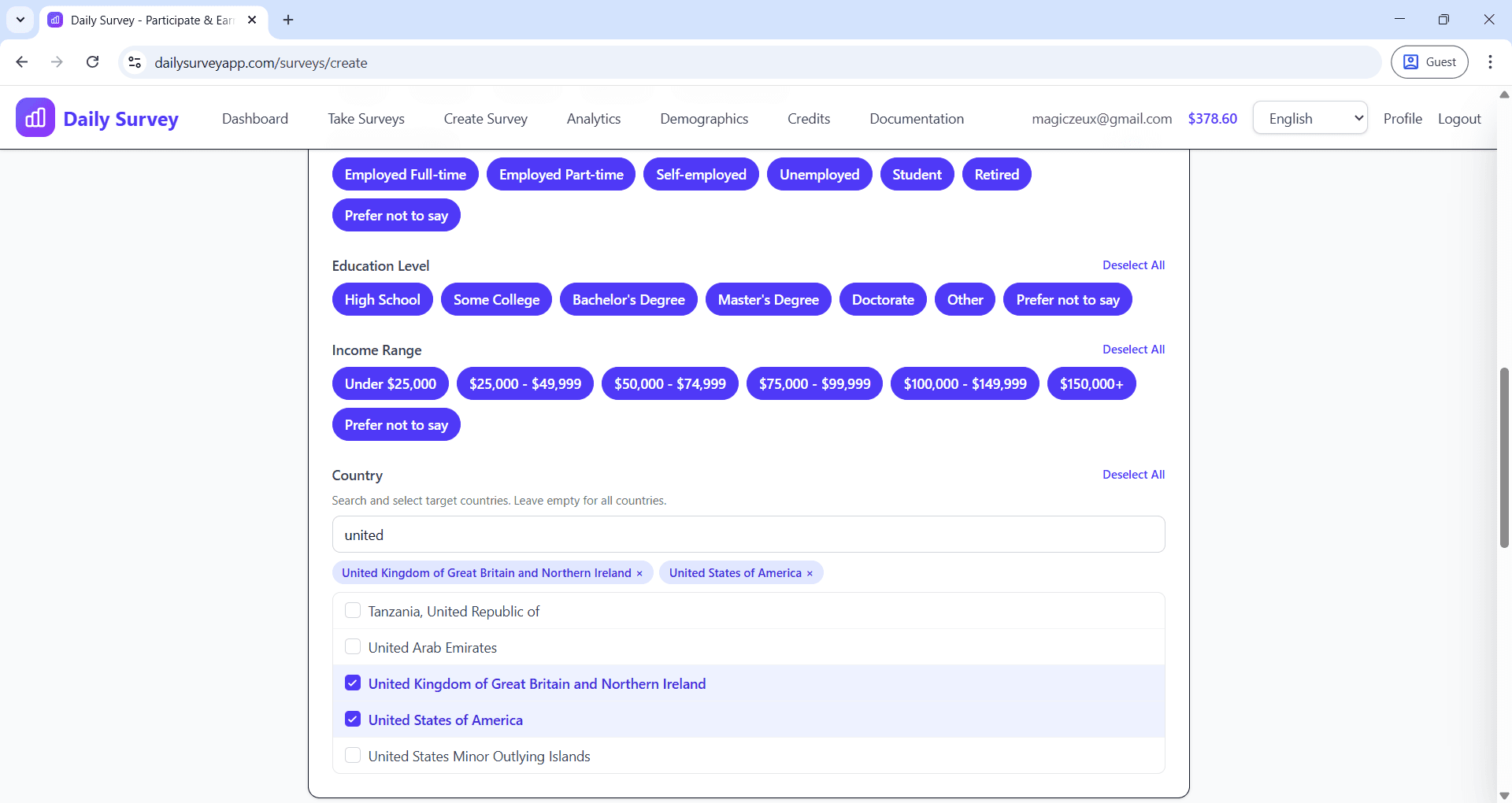Demographics filter selection screen