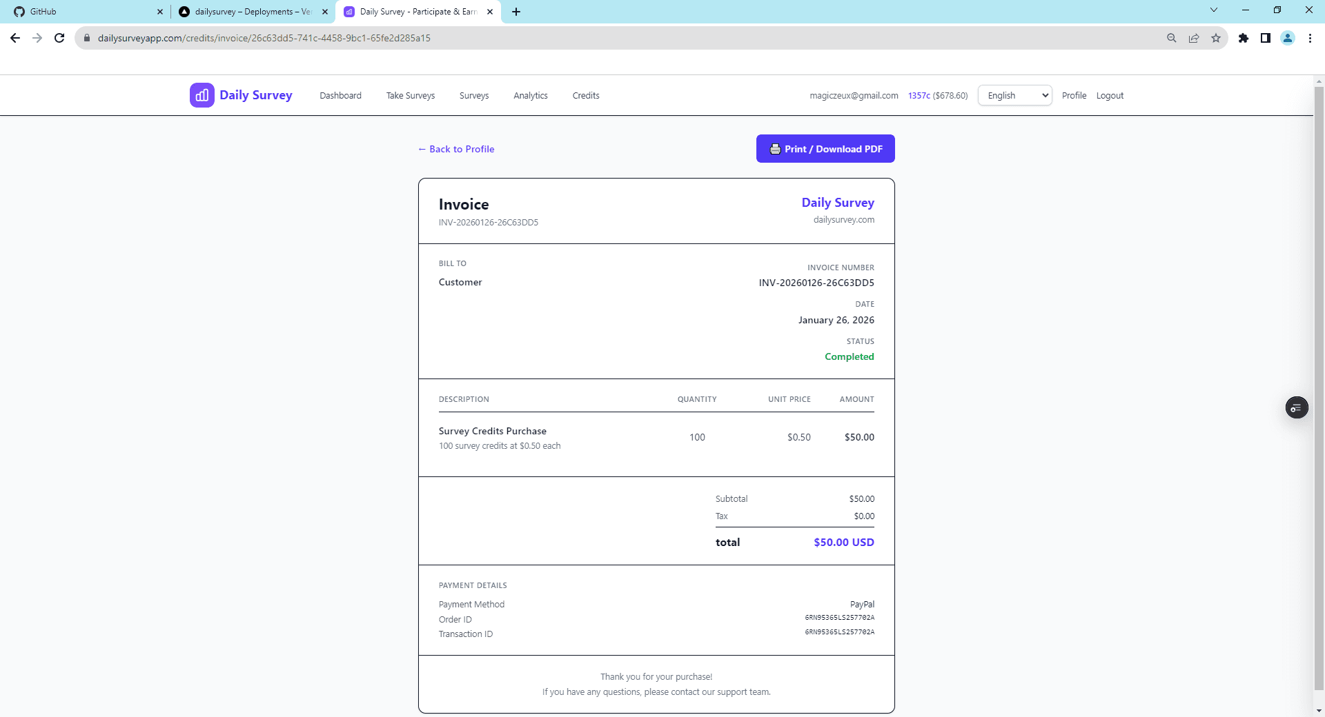 Invoice page showing purchase details