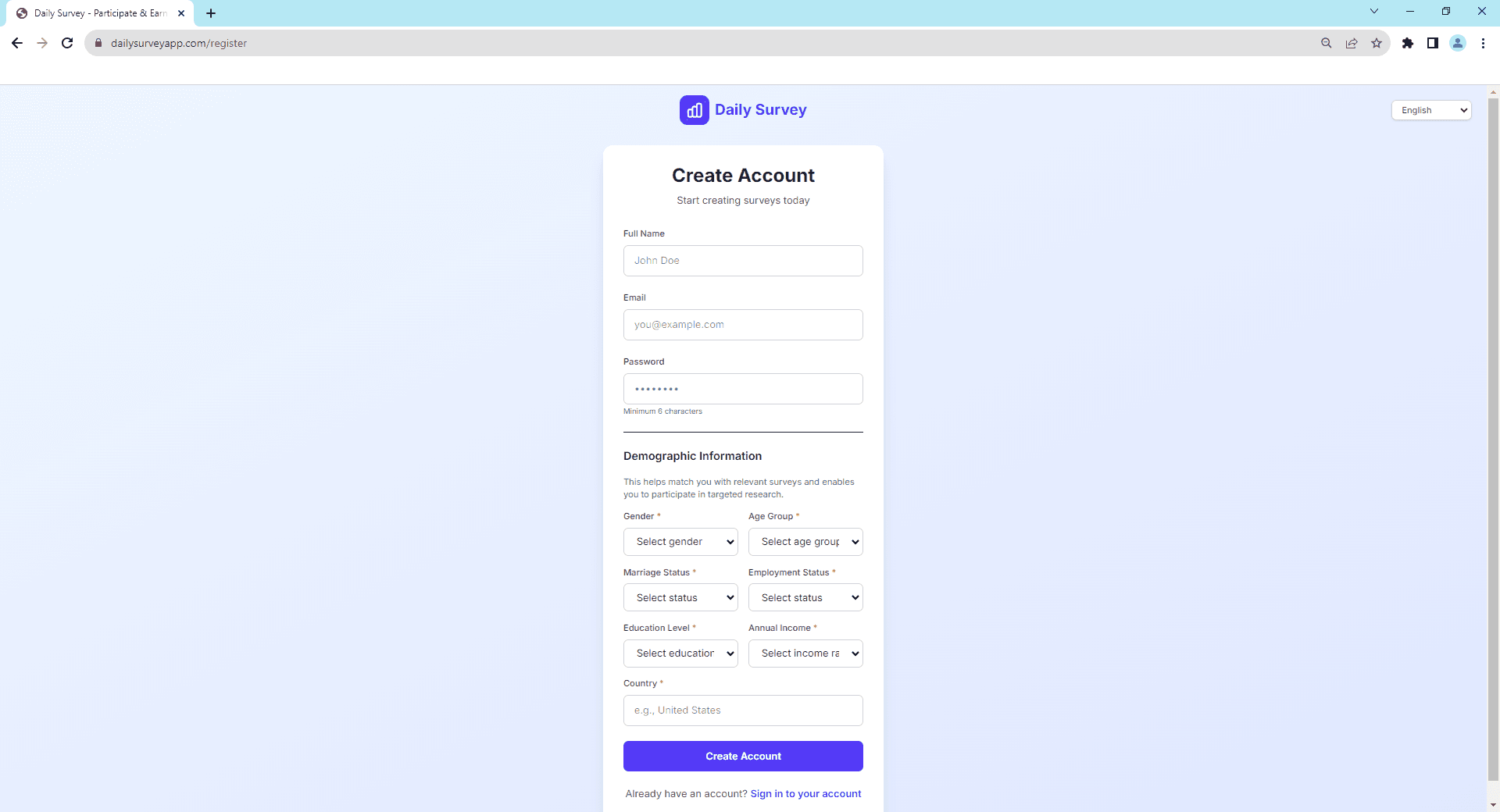 Sign up form - Enter your email and password