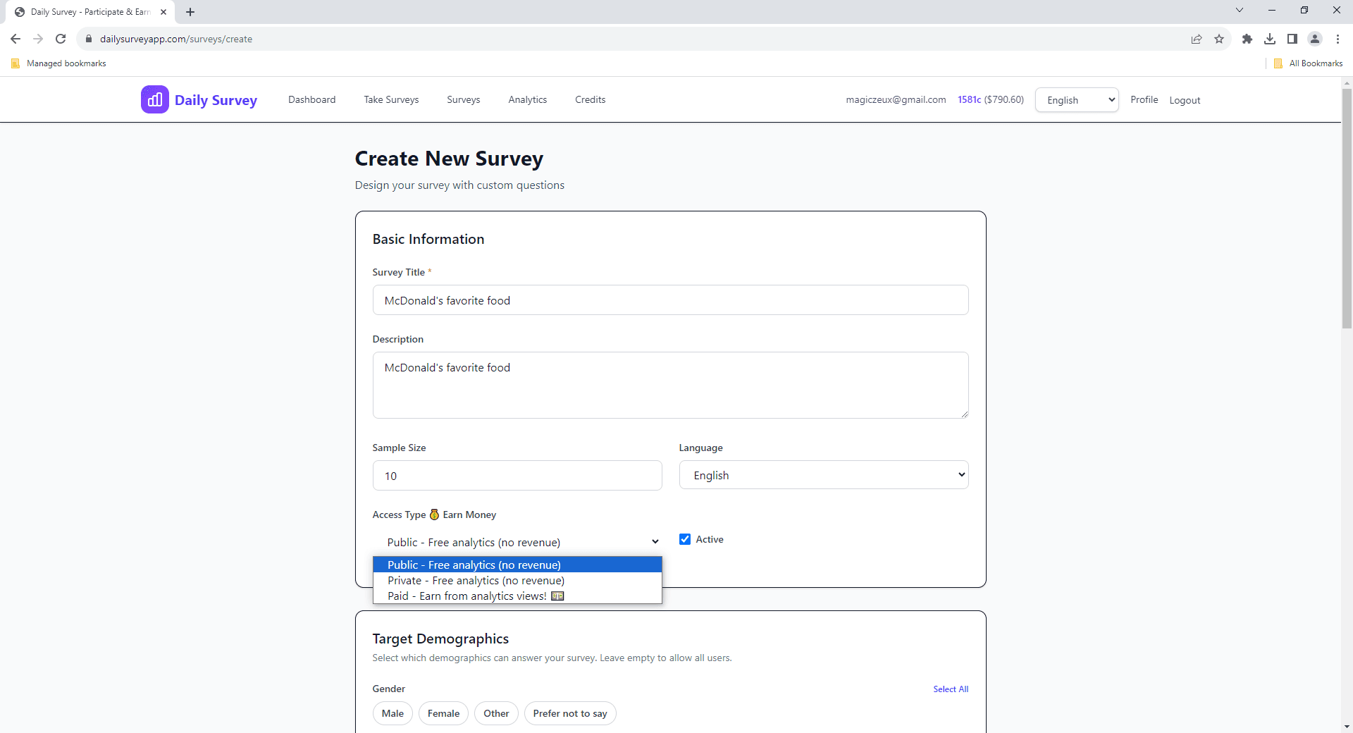 Creating a new survey with basic details