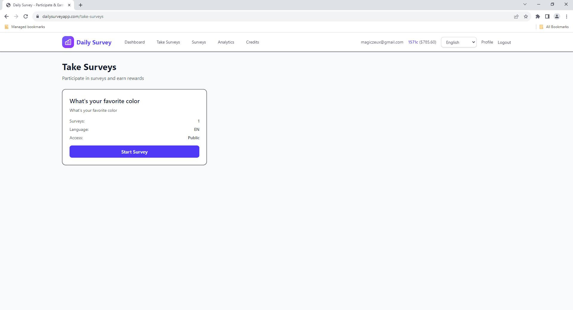 Survey card showing details like reward and time estimate