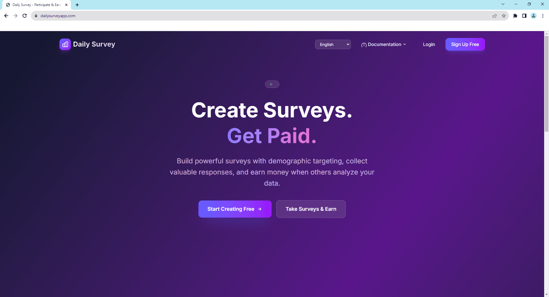 Página principal de Daily Survey - Crea encuestas y gana dinero